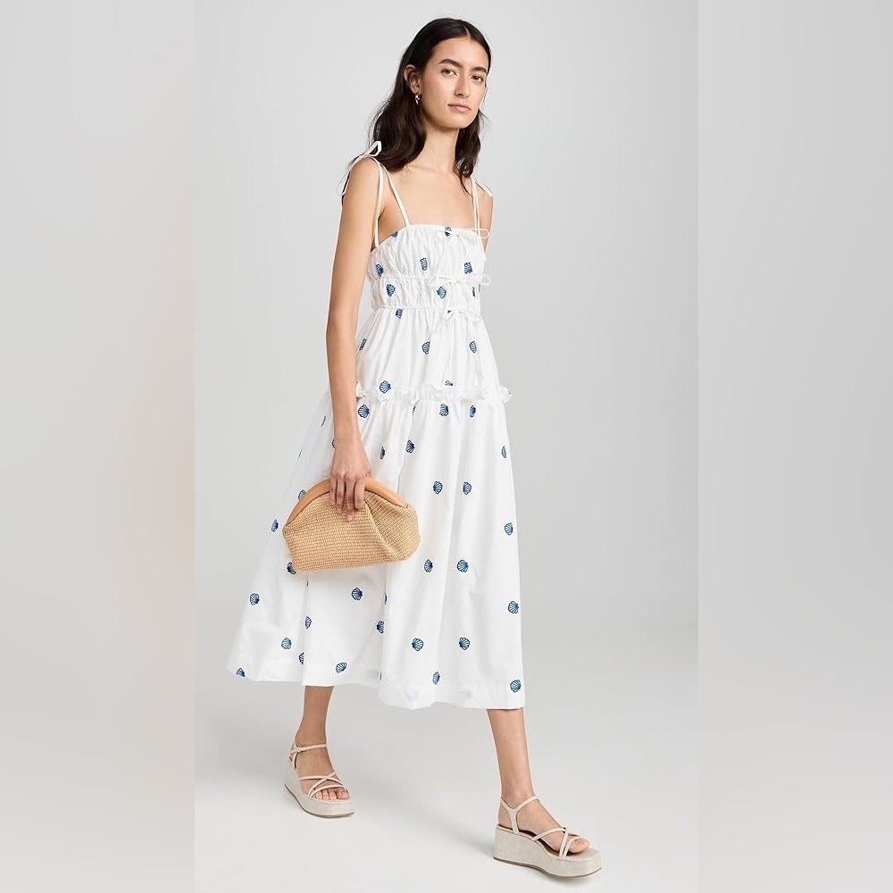 En Saison White Midi Dress with Blue Dot Print